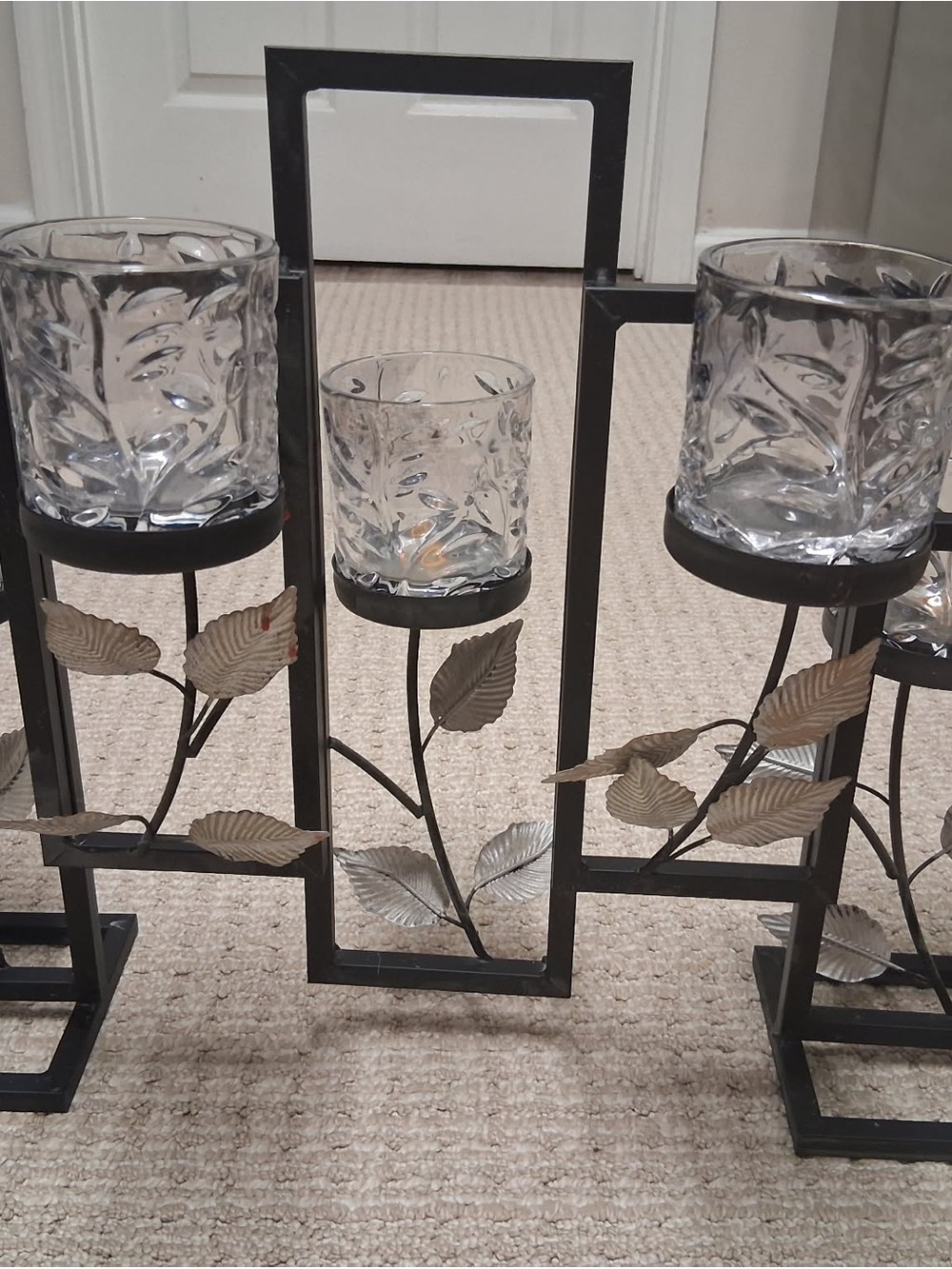 Kirklands Black Metal Leaf Candle Holder Trio with Clear Glass Votives